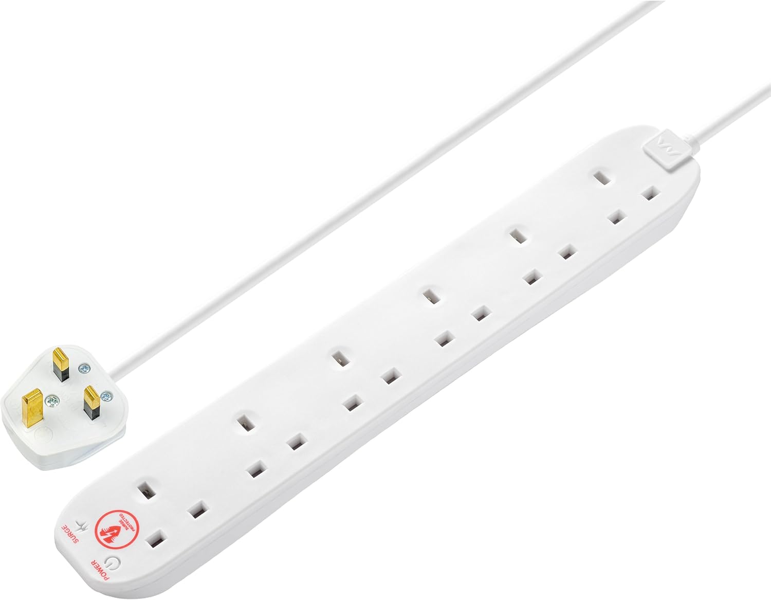 Masterplug Six Socket Extension Lead with Surge Protection, Power and Surge LED Indicators, Unswitched, 2 Metre Cable, 6-Way Plug Extension Cable, Power Strip, White, 13A, 6G, 2m, SRG6210N