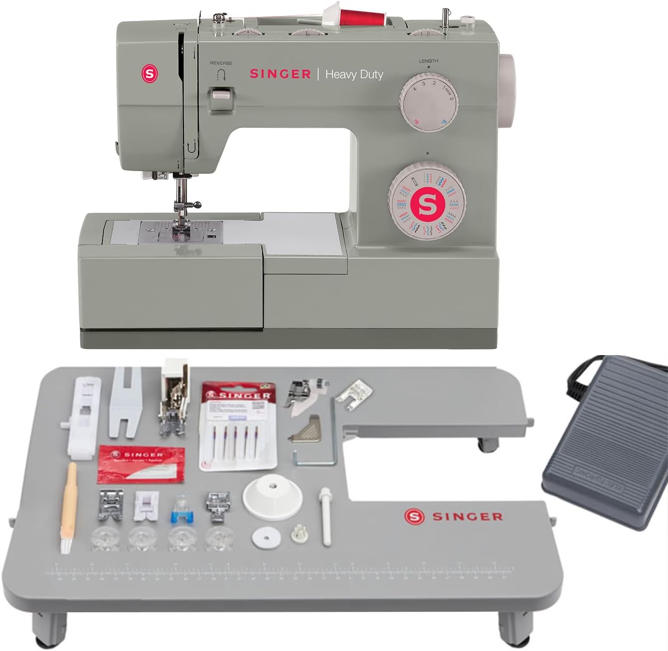 SINGER Heavy Duty Holiday Bundle - 4452 Heavy Duty Sewing Machine with Extension Table & 2 Presser Feet | Strong Motor, 110 Stitch Applications, Full Metal frame, 1-step Buttonhole & LED Light