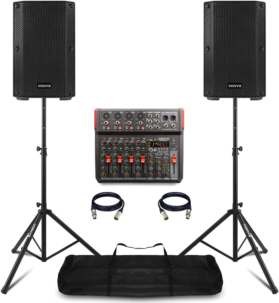 VONYX VSA08BT Complete PA System Package - 2x 8-Inch Active Bluetooth PA Speakers, 8-Channel Mixer with USB Audio Interface, DSP Effects, Stands & XLR Cables for Bands, DJs & Churches