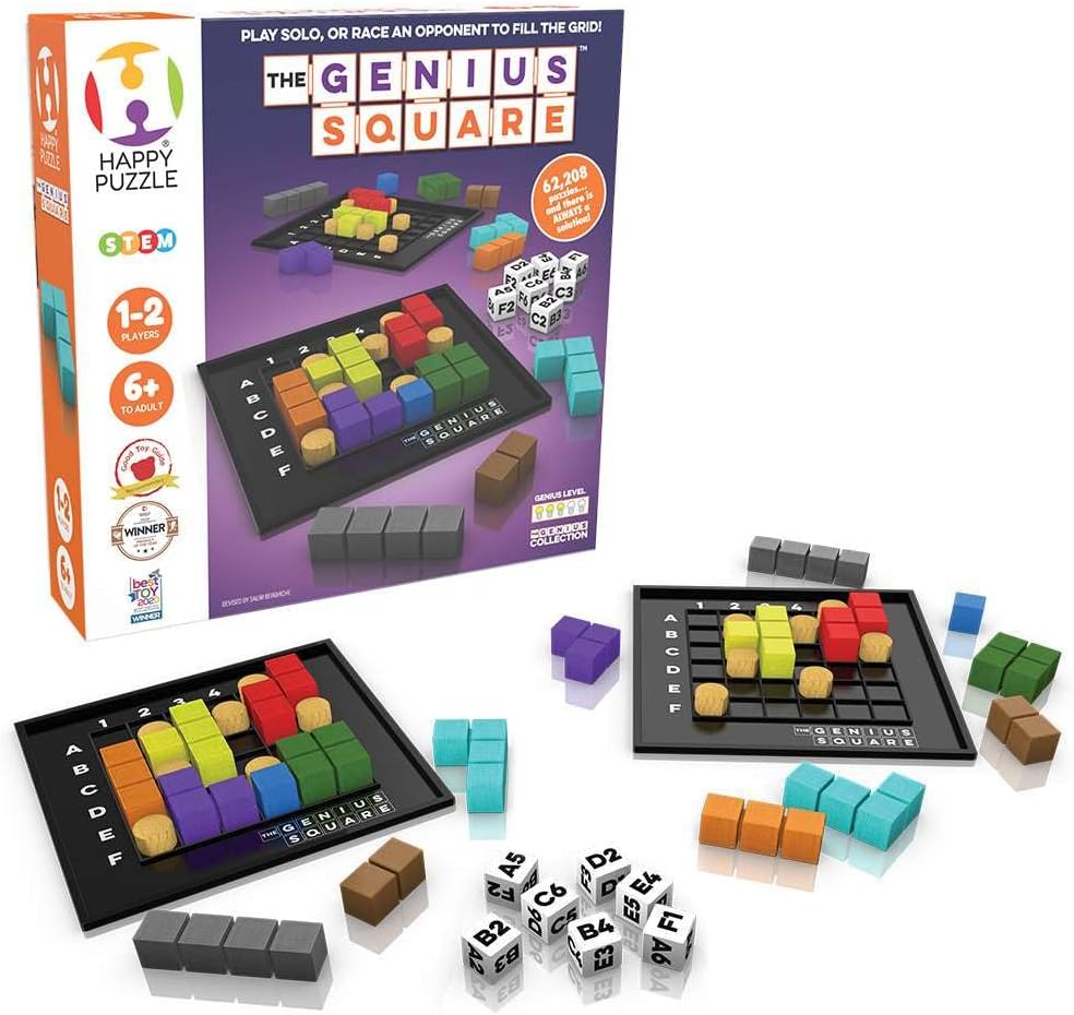 The Genius Square from The Happy Puzzle Company – Game of The Year Award Winner, 60000+ Solutions STEM Puzzle Game. Roll Dice, Race Your Opponent to Fill Grid with Different Shapes!