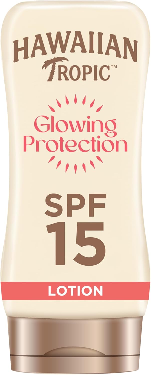 Hawaiian Tropic Glowing Protection Sunscreen Lotion, Water Resistant SPF 15 UVA plus UVB Protection Suncream, Tropical Scent Sun Lotion with Shea Butter, 180 ml