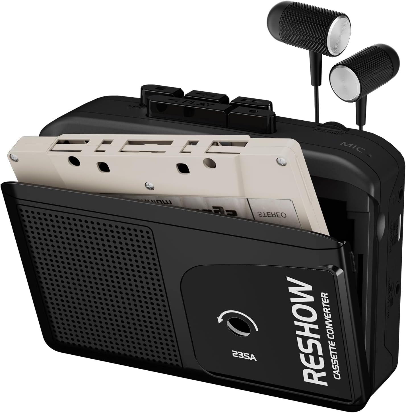 Reshow Portable Cassette Tape Player Recorder, Audio Cassette to Digital Converter with USB C, Built-in Speaker, Reverse Play & Recording, Stereo Sound - Black