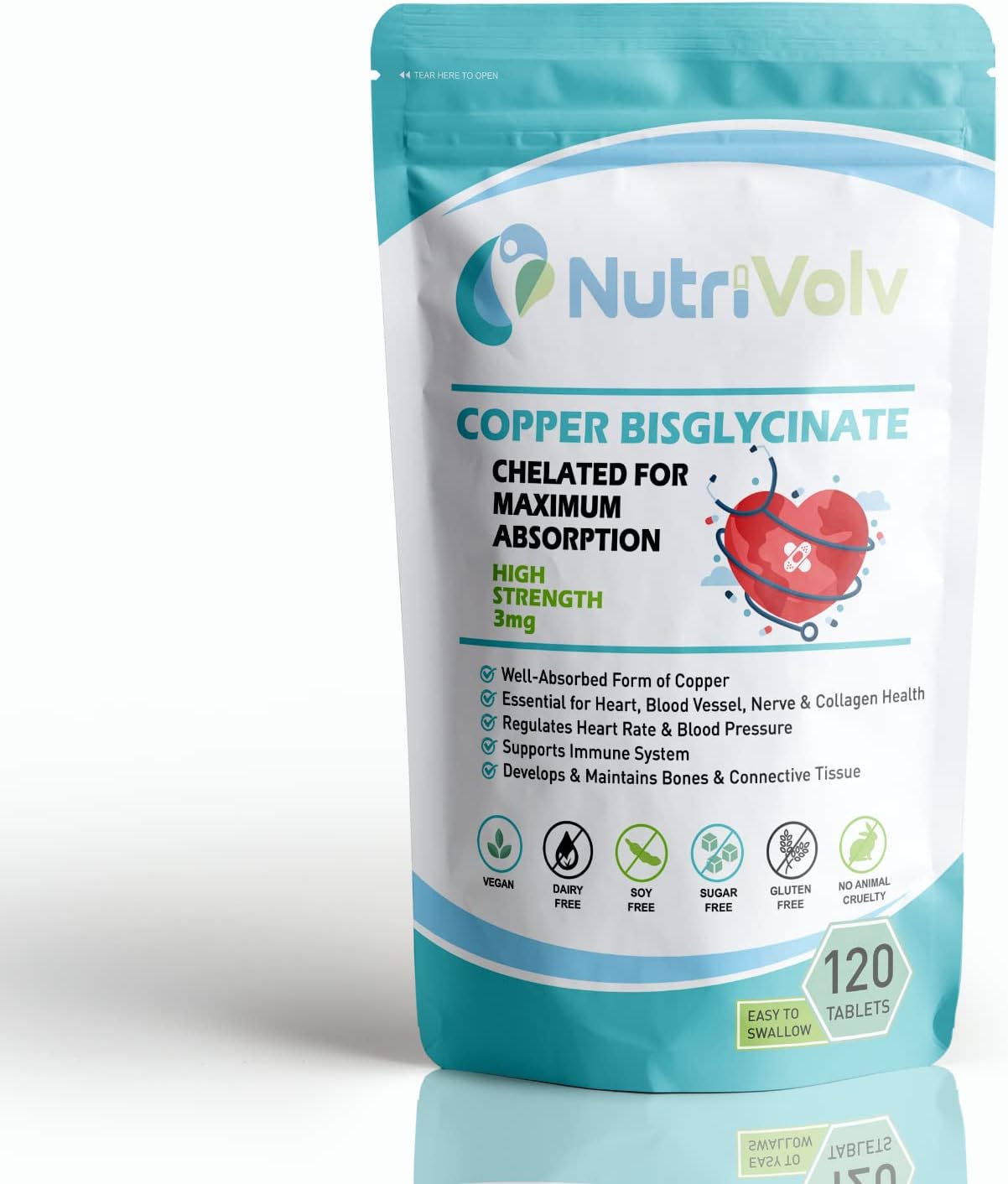 Copper Bisglycinate 3mg Vegan Chelated Cu for Healthy Heart and Improved Immune System, UK Made Pills for Men and Women - 120 Tablets