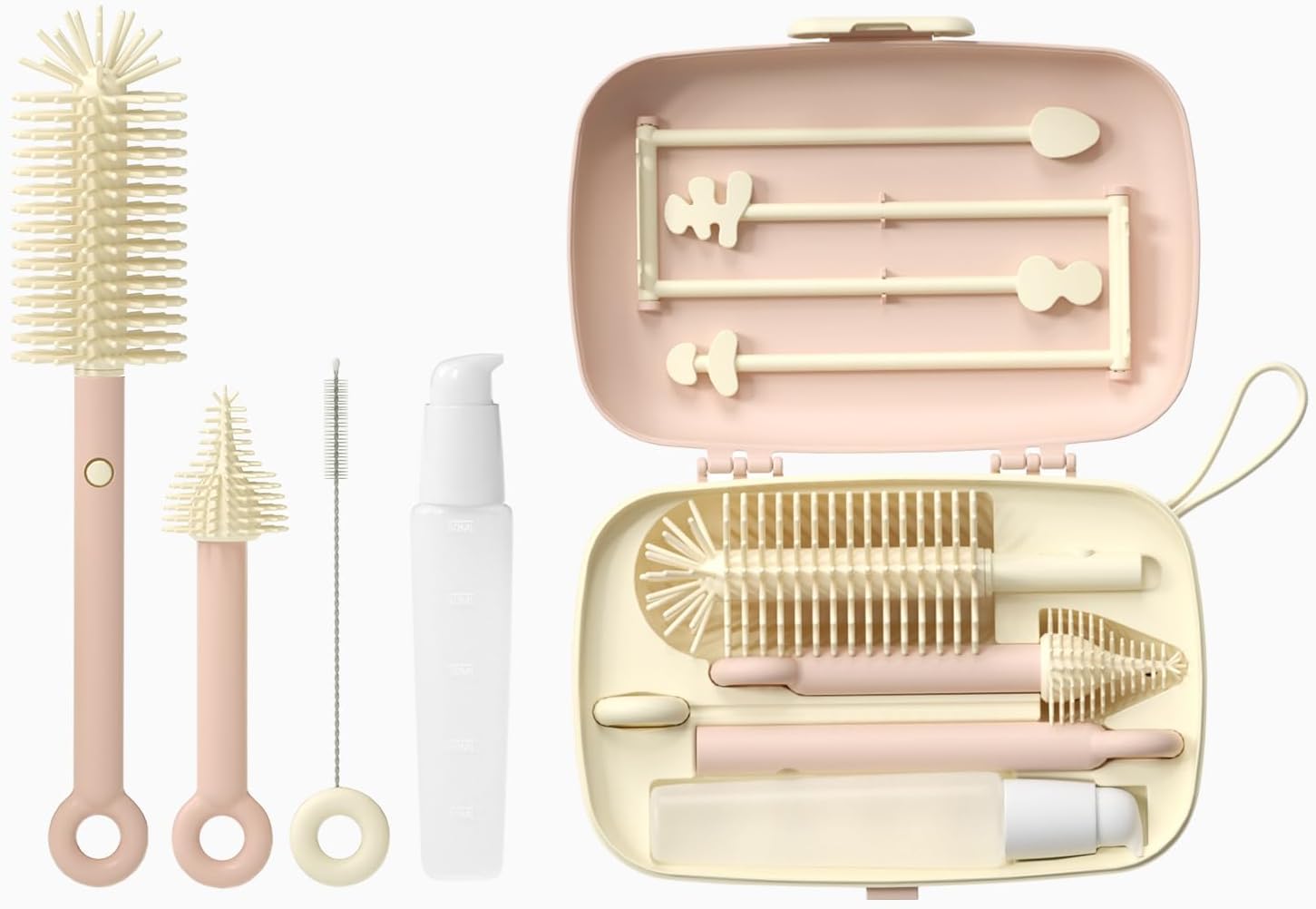 Simple. Easy .Quick. SEQ Brush Set - Baby Bottle Cleaner Kit with Silicone Brush, Nipple Brush, Straw Brush, Soap Dispenser, Drying Rack - 7 in 1 Bottle Cleaning Tool Home and Travel (Pink)