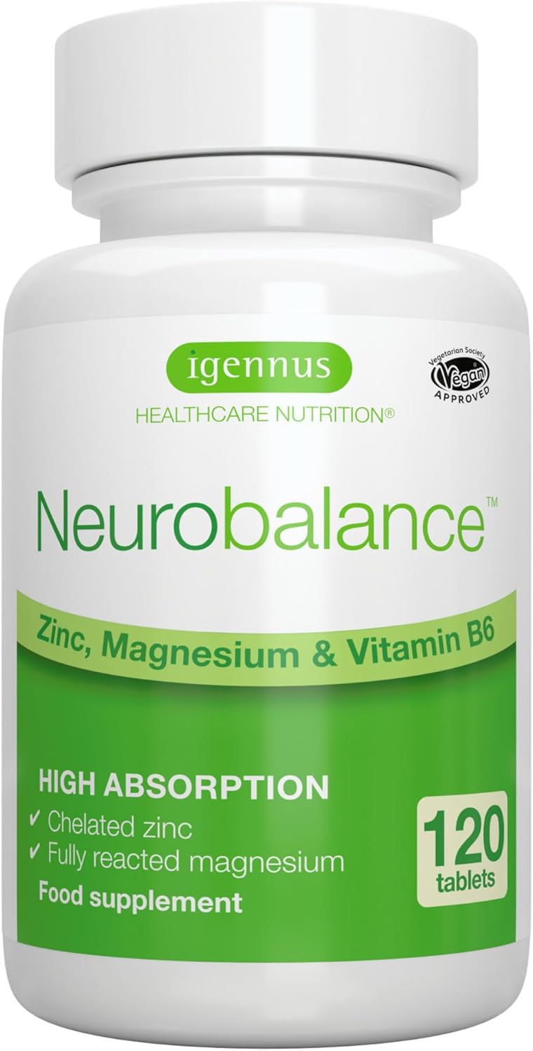 Neurobalance, High Absorption Zinc Picolinate 24mg, Magnesium & B6 for Adults & Kids, Clean Label, Brain Function, Sleep Aid, Muscle Recovery, Chelated, Vegan, 120 Tablets, 30-120 Servings, Igennus