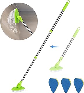 2 in 1 Scrub Cleaning Brush with 37” Long Extendable Handle,1 Stiff Bristle and 3 Sponge Brushes, Lightweigh Detachable Shower Scrubber for Cleaning Bathroom Shower Bathtub Glass Tile Floor