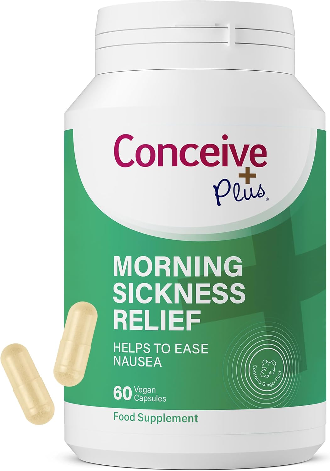Conceive Plus Morning Sickness Relief - Pure Dried Ginger Powder - Nausea, Motion, and Stomach Discomfort Relief for Pregnancy - Essential for Expecting Moms - Non-GMO - 60 Vegan Capsules