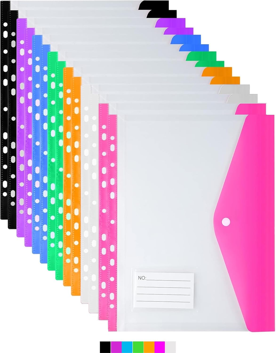 14 Pack Clear Plastic Wallets A4 Punched Pockets, 11 Holes Expandable Binder Pocket Colourful File Jackets, Document Folders with Snap Button & Label Pocket for School Home Office