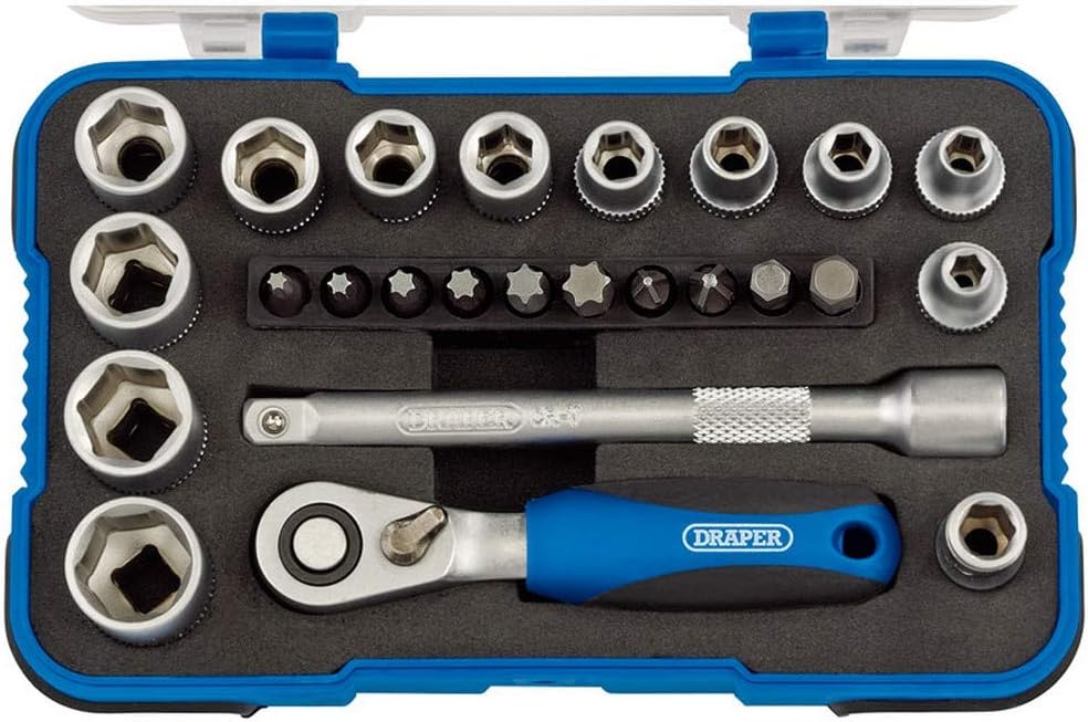 Draper 1/4" 25 Piece Square Drive Metric Socket Set | Micrometre Reversible Hand Tool |Soft Grip Ratchet | 12 Metrics Sockets Mechanics Car Tools | Plastic Storage Case | Hex Bit Adaptor | 16354