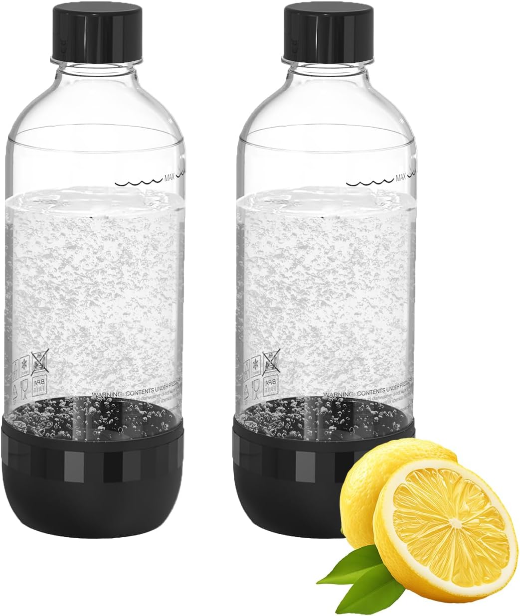 Soda Maker Bottles, BPA-Free Reusable Soda Bottles (2-Pack), 1L Leakproof Carbonated Water Bottles with Secure Seal, Compatible with Most Soda Makers Black