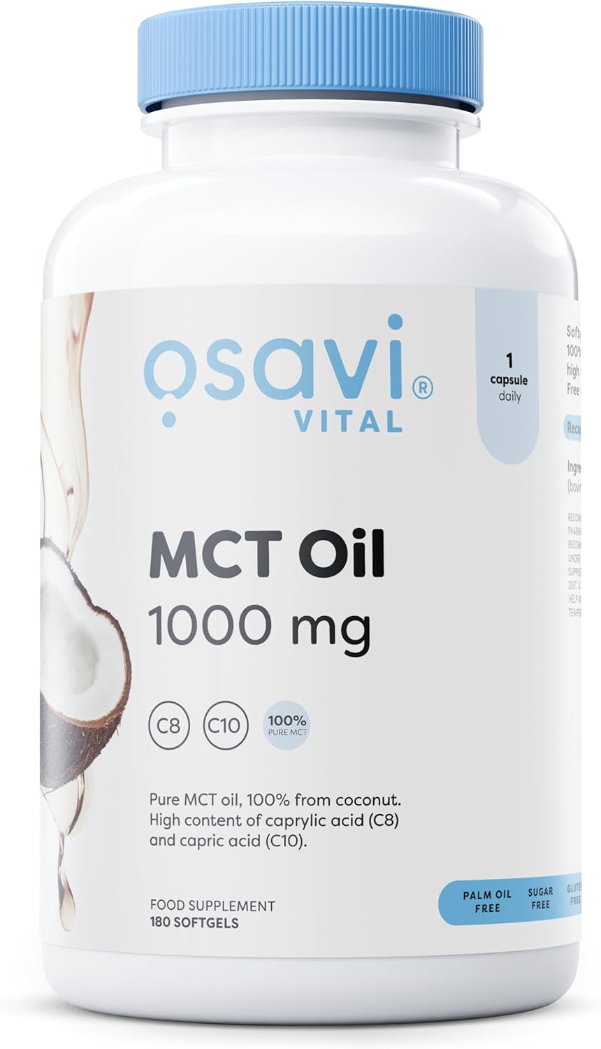Osavi MCT Oil 1000mg – 180 Softgels | High Concentration of Caprylic (C8) and Capric (C10) Acids | 100% Coconut Oil, Palm Oil Free | Eco–Friendly BioPET Packaging