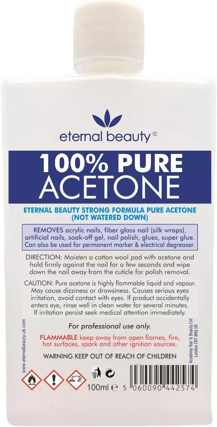 Acetone 100% Pure Nail Polish Remover for UV/LED, Gel Soak Off, Removes All Types of Nail Polish, By Eternal Beauty (100ml)