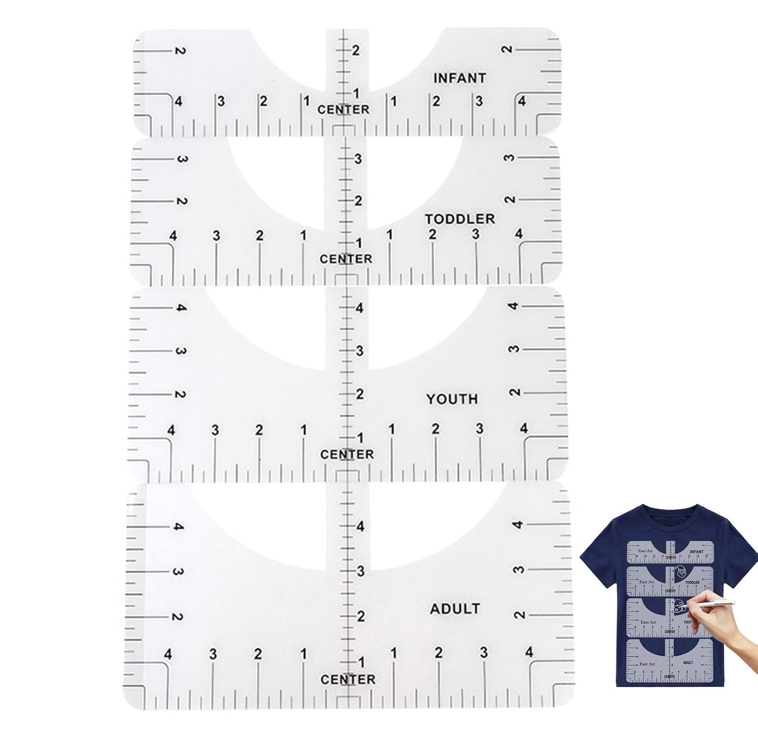 4 Pack Tshirt Ruler Guide, T Shirt Alignment Tools to Center Designs, HTV Vinyl and Heat Press Craft for Adult Youth Toddler Infant (Transparent)