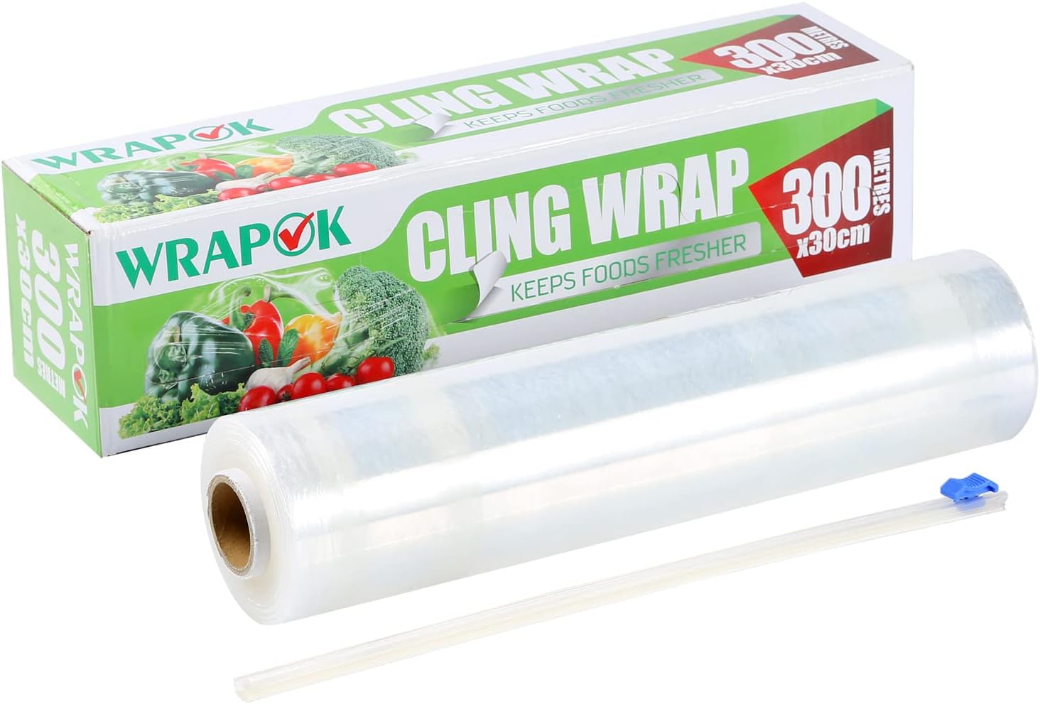 WRAPOK Catering Cling Film Dispenser and Cutter Kitchen Plastic Food Seal Wrap, Foodservice Cook’s Tools for Kitchen, 300mm x 300m