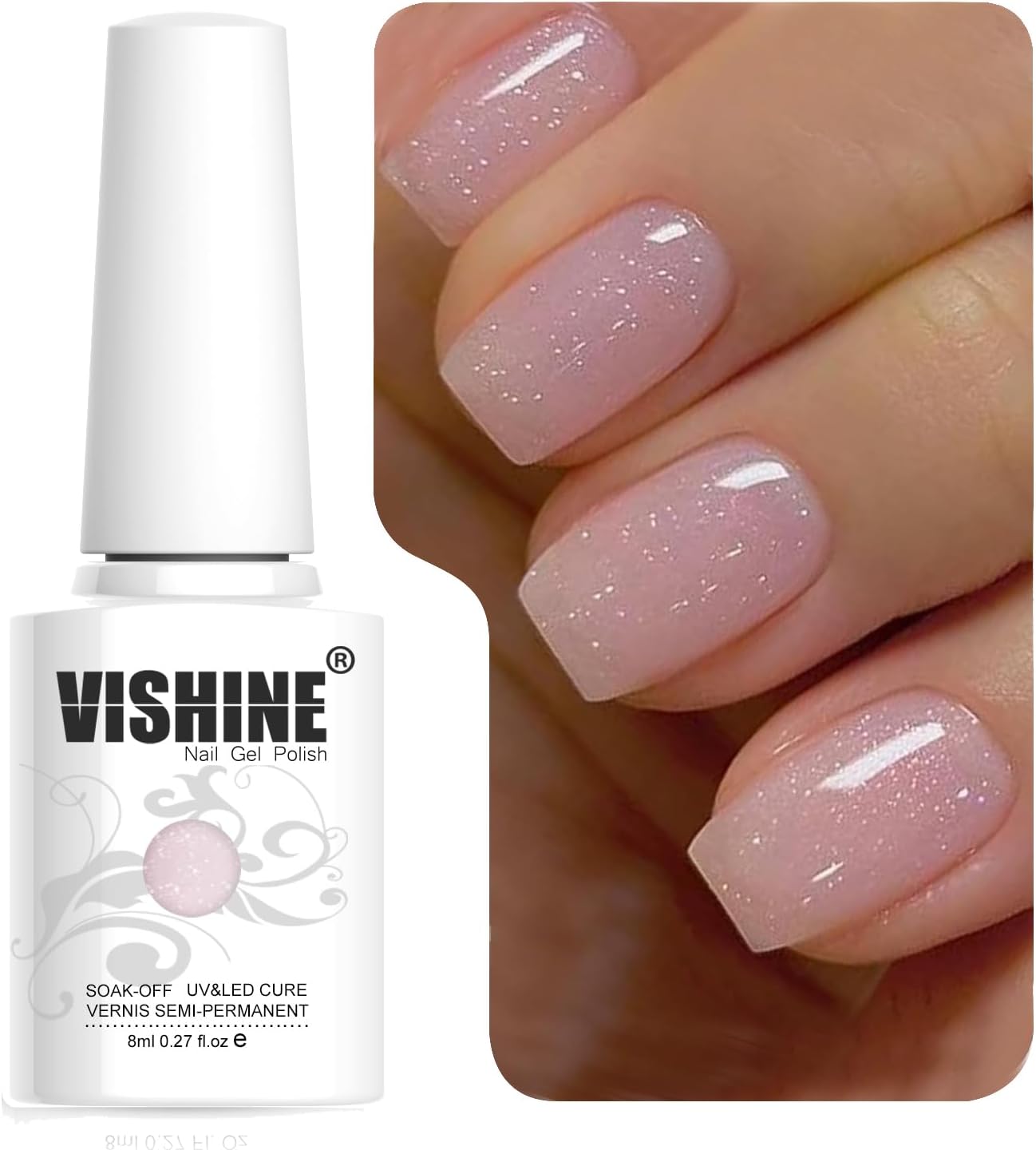 Vishine Glitter Nude Pink Gel Polish Iridescent Shimmer Jelly Neutral Color Skin Tone Clear Pink 8ml Sparkle Pink Natural Soak off UV LED Cured for Home Salon DIY Nail Art E030