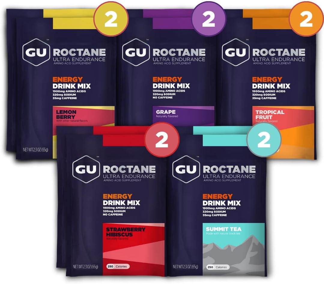 GU Energy Roctane Ultra Endurance Energy Drink Mix, Vegan, Gluten-Free, Kosher, Caffeine- Free, and Dairy-Free n-the-Go Energy for Any Workout, Assorted Flavors, 10 Single Serve Travel Size Packets