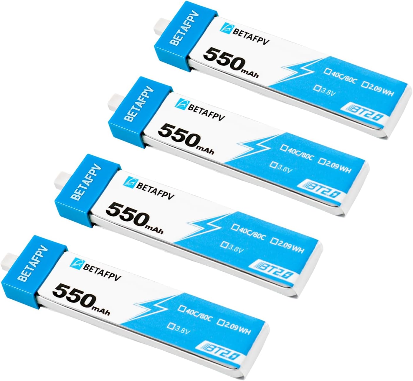 BETAFPV 4pcs BT2.0 550mAh 1S Battery 3.8V 40C/80C Lipo Battery with BT2.0 Connector Compatible for 75-85mm 1S FPV Racing Whoop Drone Quadcopters Like Meteor75 Pro FPV Drone