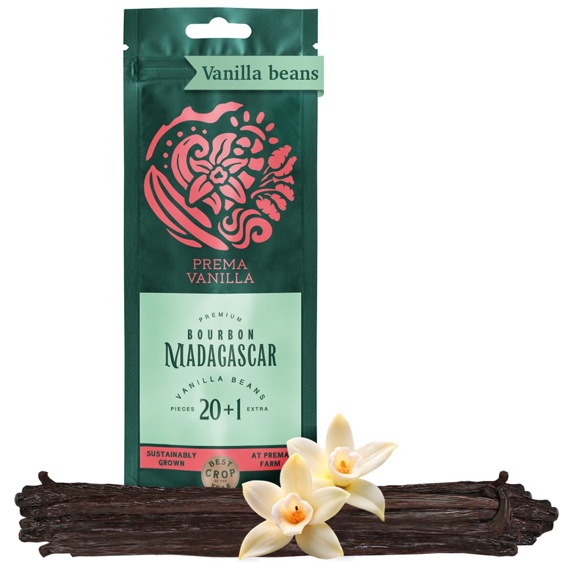 Prema Vanilla 21 Pcs Madagascar Bourbon Vanilla Beans, Grade A, Moist Pods | 1.6-2% Vanillin, Moist & Plump 5.5-7.1in Pods, Gluten-Free, No Additives, Great for Baking, Ice Cream & Savory