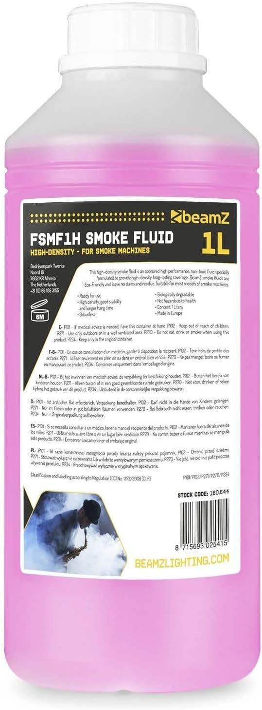 beamz FSMF1H High-Density Smoke Machine Fluid 1L – Premium Fog Juice Liquid for DJ Events, Party Atmosphere, Stage & Theatre Special Effects, Non-Toxic, Odourless, Eco-Friendly, Pink Colour