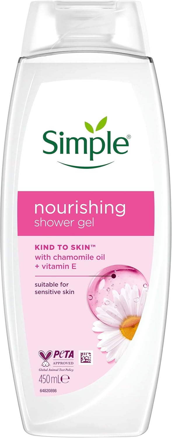 Simple Kind to Skin Nourishing Shower Gel Body Wash shower cream with vitamins and natural geranium oil for gentle skin care 6x 450 ml