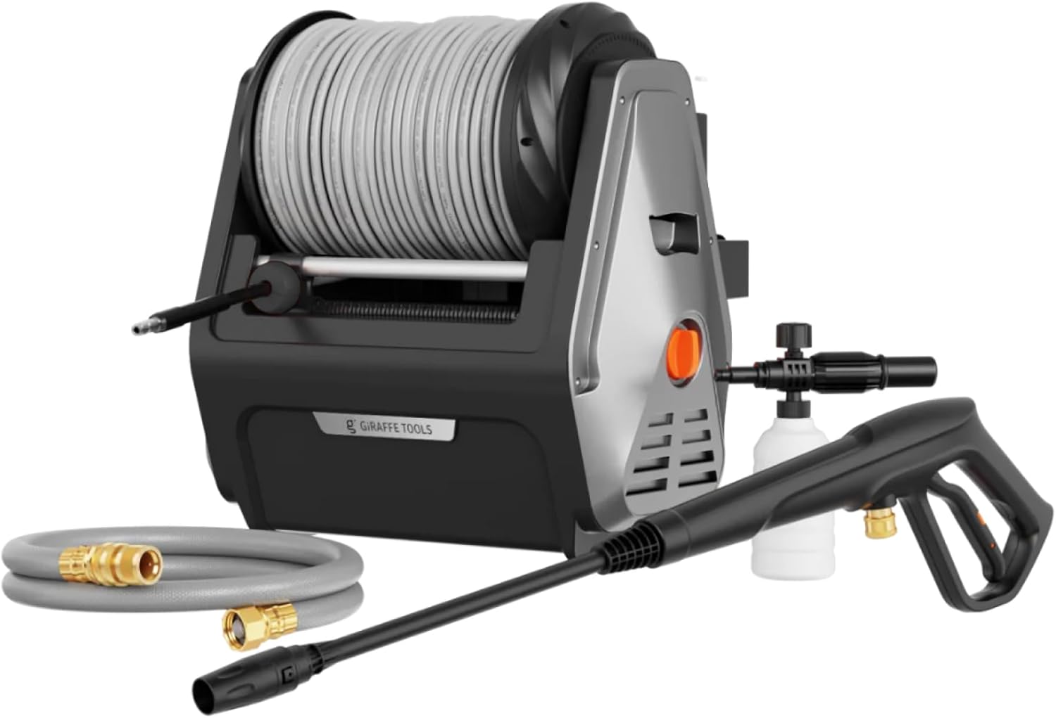 Giraffe Tools Wall Mounted Pressure Washer Plus+, Max 2400 PSI, 2.0 GPM Electric Power Washer with 30M Retractable Hose, 500 ML Foam Cannon, 0°-40°Rotary Nozzle for Cars/Patios, Grey Soft Hose