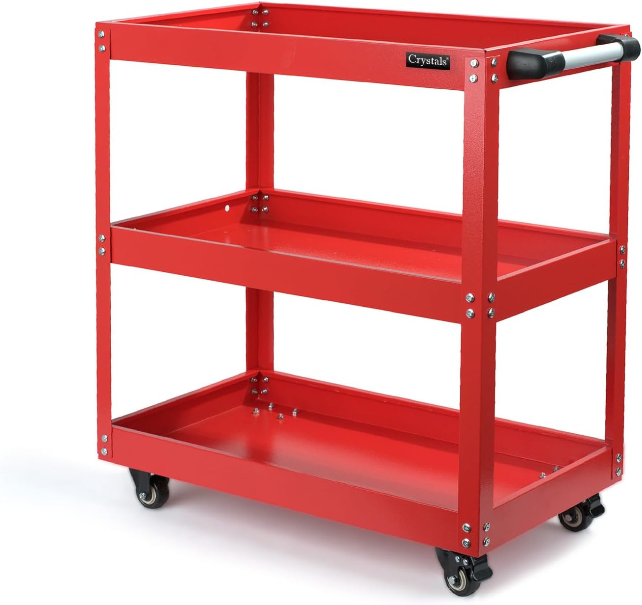 Crystals Tool Trolley on Wheels, 3-Tier Tool Storage Organiser with Lockable Wheels, Garage Tool Service Cart with Handle, Workshop DIY Storage Trolley (Red)