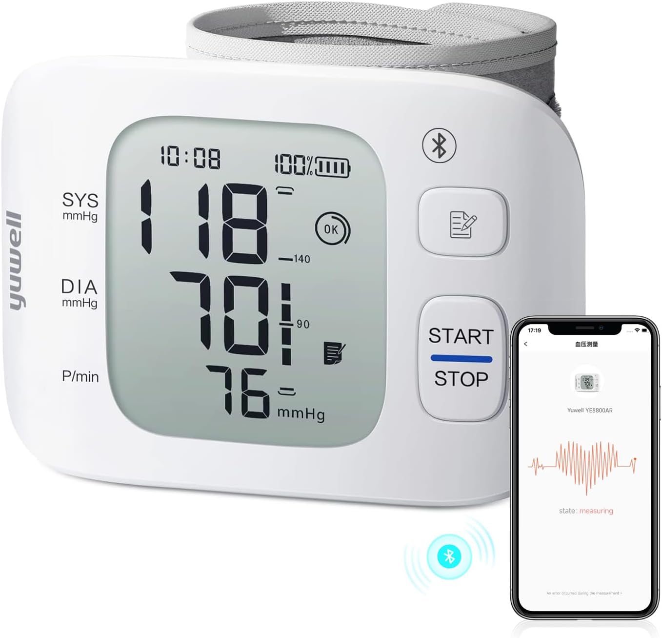 yuwell Rechargeable Wrist Blood Pressure Monitors for Home Use, Large Wrist Cuff with Irregular Heartbeat, with Bluetooth Wireless Technology to Healthcare+ App for Unlimited Free Measurements