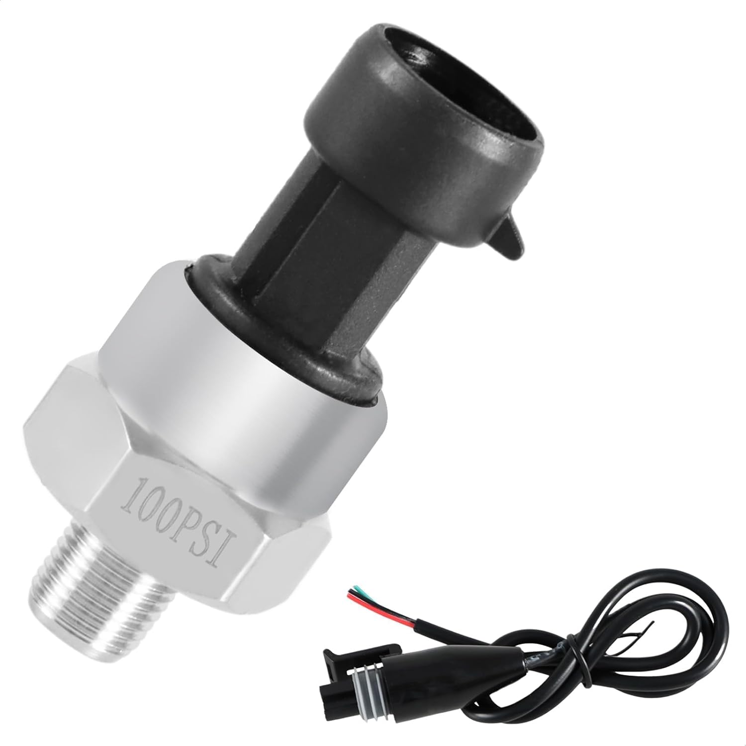 FUSCH 100 PSI Pressure Transducer Sensor with Connector Harness, 1/8"NPT Thread Stainless Steel Pressure Transmitter for Oil Fuel Water Air