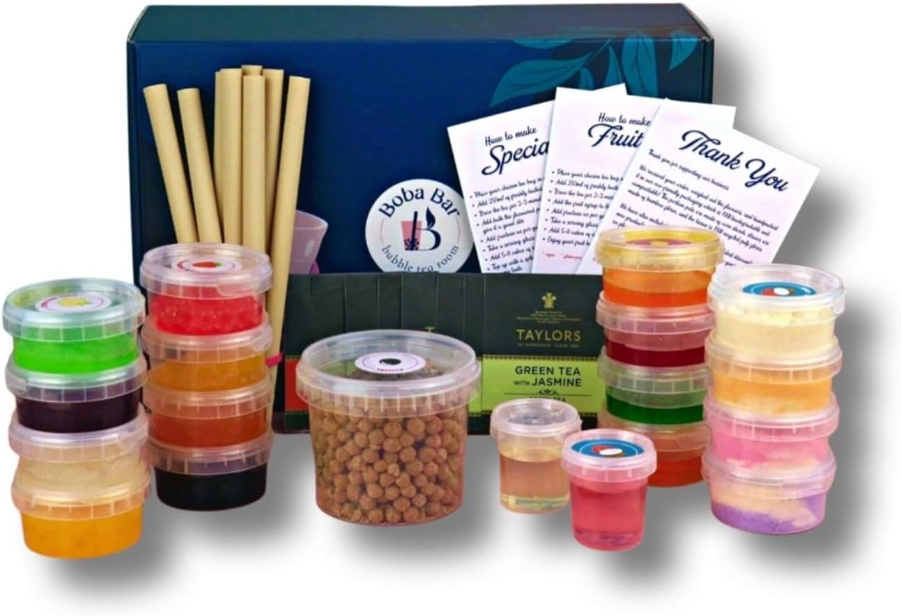 Premium DIY Mixed Bubble tea kit | Tapioca pearls bubble tea, Popping Boba, Multi Flavoured Jelly, Green Tea Bags, Different Flavoured Syrups and milk powder (Serves 8) by Boba Bar London.