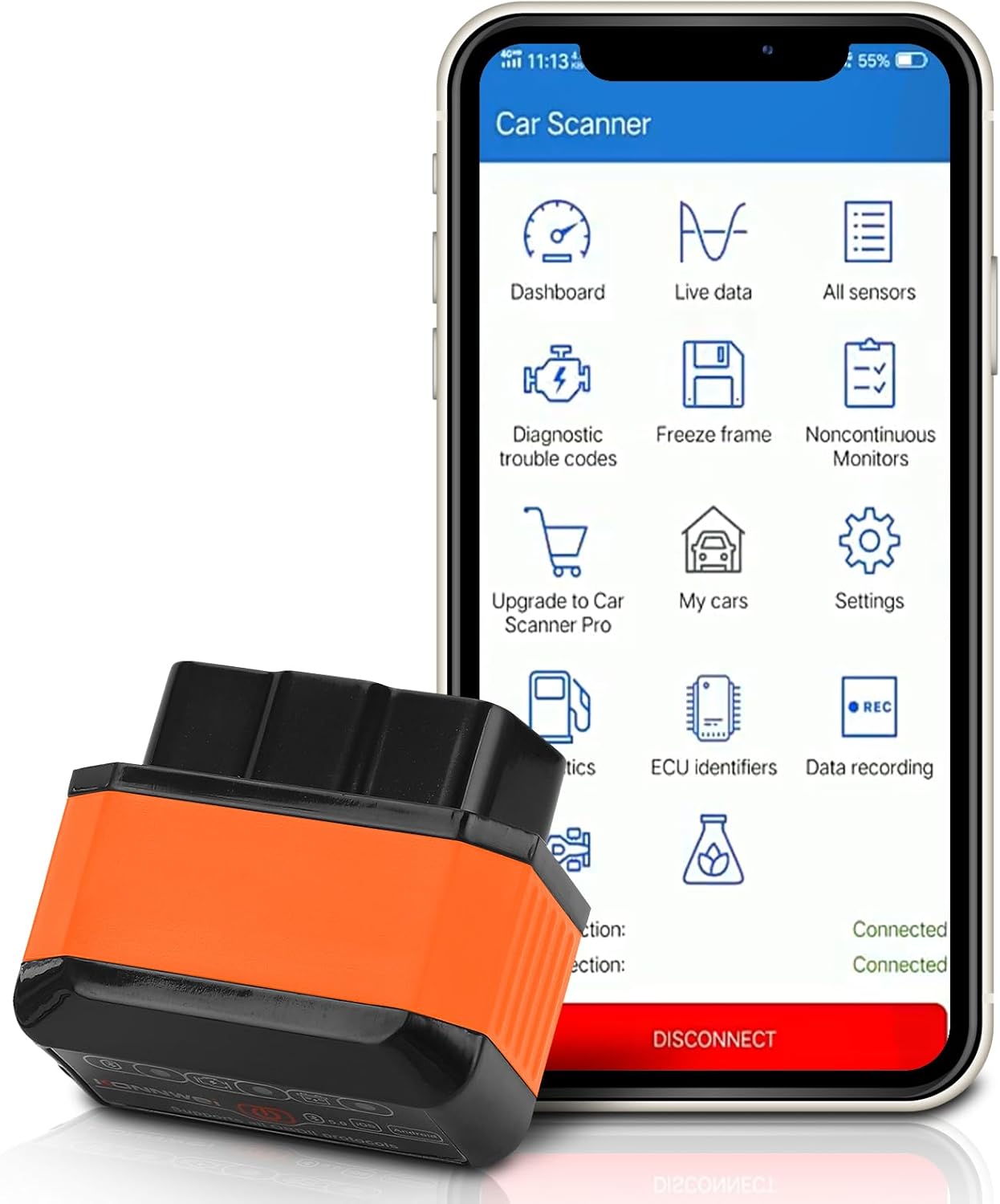 WODHMIEY OBD2 Bluetooth Diagnostic Tool, Car Engine Fault Code Reader & Check Engine Light Reset, Compatible with Android&iOS, Real-Time Vehicle Diagnostics, Fault Code Clearing (Black Orange)