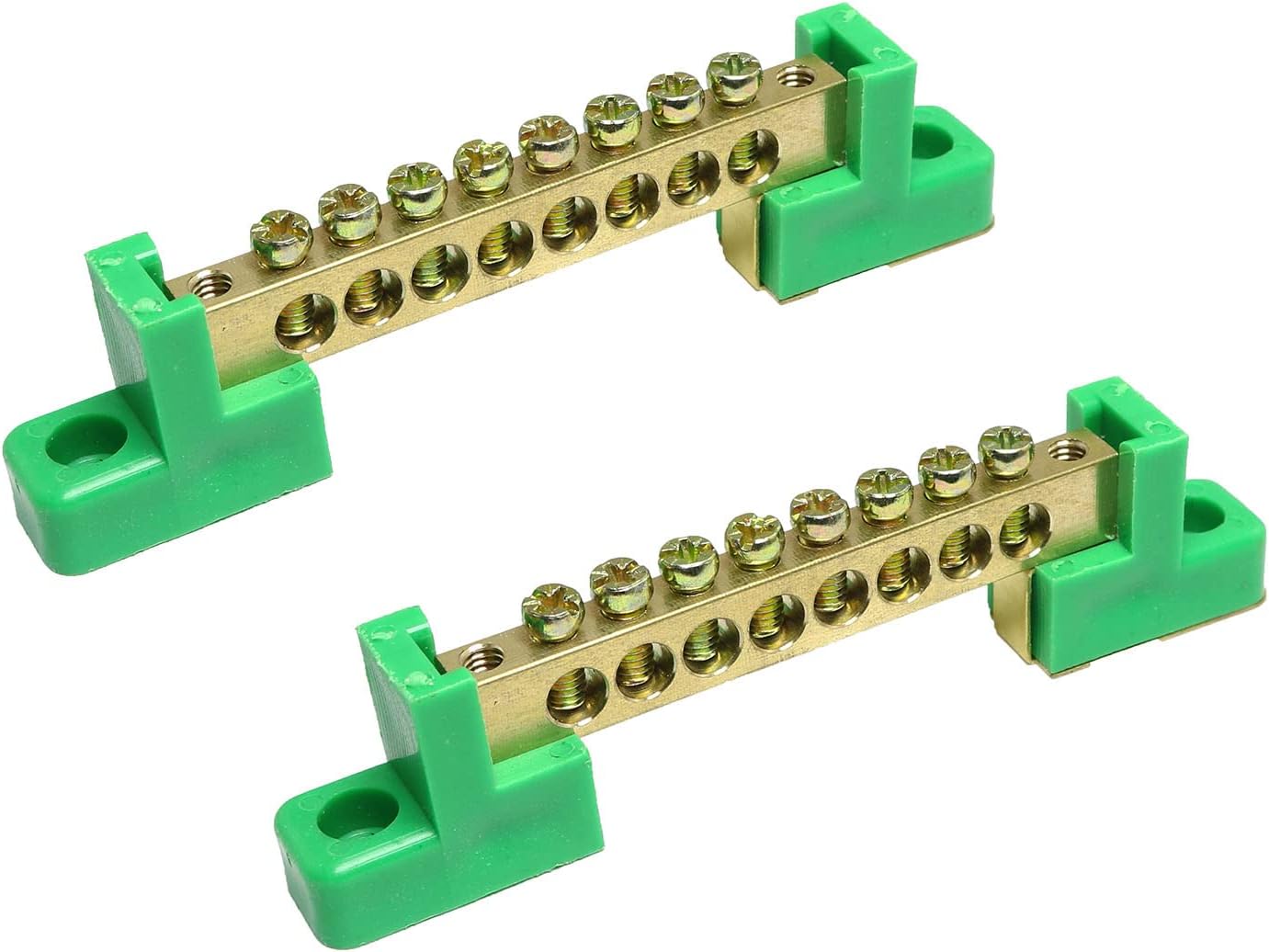 RLECS 2pcs 8 Positions Terminal Bus Bar Terminal Block Brass Wire Screw Terminal Grounding Strip Bus Bar Block, Green