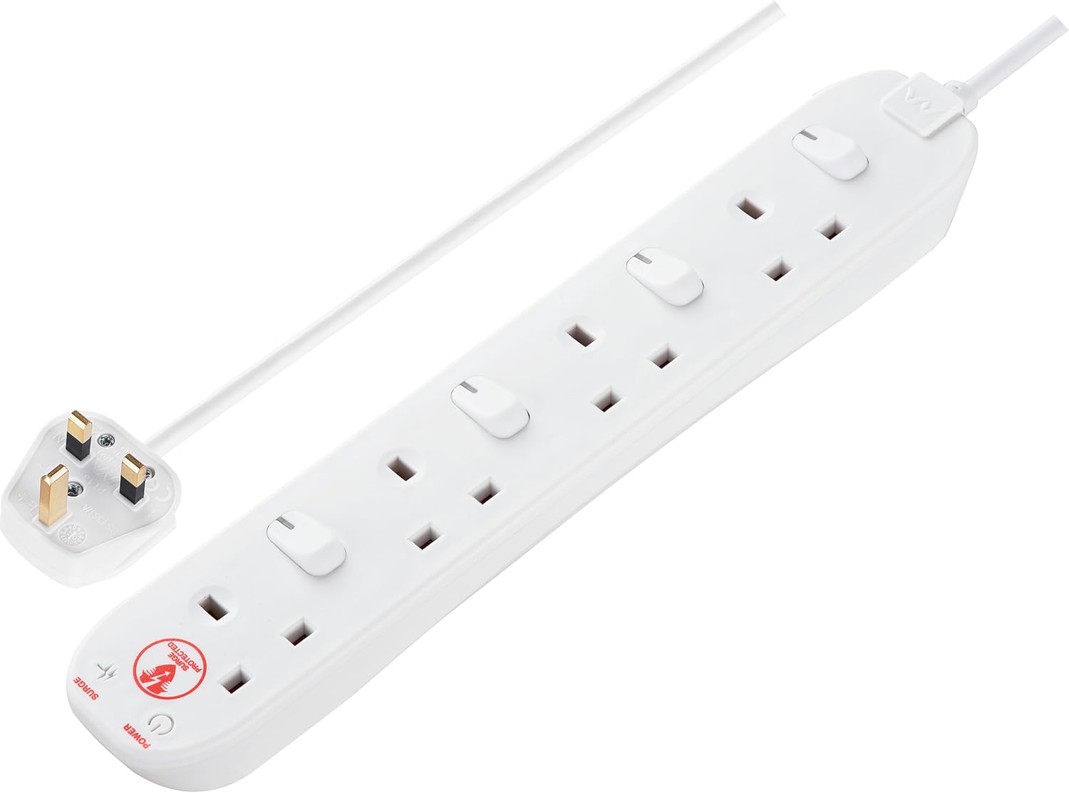 Masterplug Four Socket Extension Lead, Surge Protection, Individual Switches, Power and Surge LED Indicators, 2 Metre Cable, 4-Way Plug Extension Cable, Power Strip, White, 13A, 4G, 2m, SWSRG4210N
