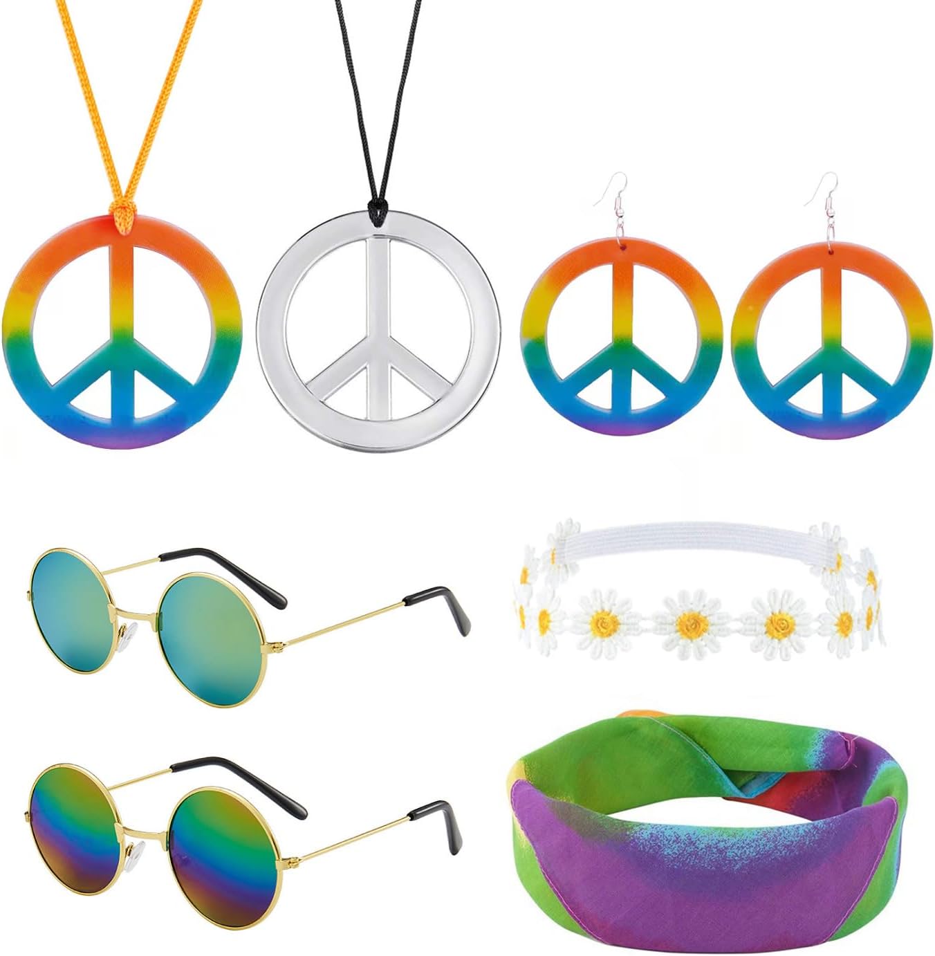 CYNOSURETECH 7 Piece Hippie Colorful Accessories Set, Hippie Kids Accessories, Party Accessories Set, Carnival Clothing Accessories, 60s 70s 80s Clothing Accessories