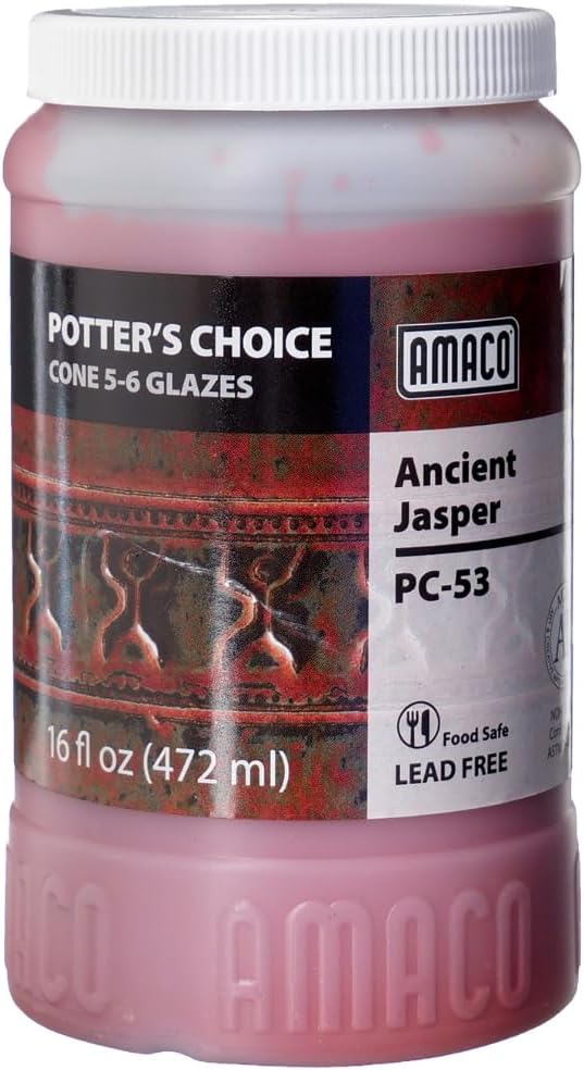 AMACO Potter's Choice PC-53 Ancient Jasper Olive Green Red Rust High Fire Glaze Pint, 16 oz. (473 mL), Layerable Mid-High Fire Cone 5-6 (PC) Liquid Ceramic Pottery Glaze for Bisque