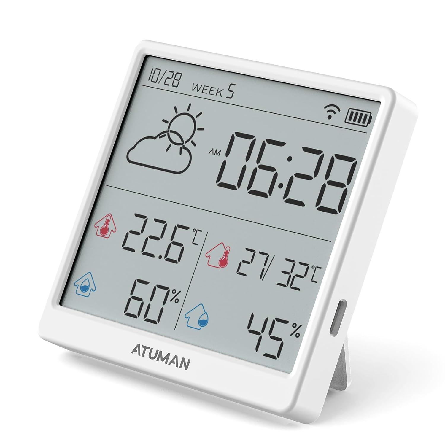 ATuMan TH3 Smart Thermometer Hygrometer - WiFi Enabled Indoor/Outdoor Temperature Humidity Monitor, 4.3'' Large LCD, Auto-Time Calibration, Type-C, High Precision Sensor for Home, Office, Greenhouse