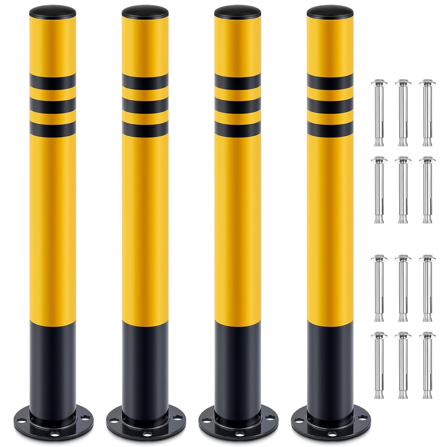 Zonon 4 Pcs Safety Bollard with Anchor Bolts 29.5" x 3" Parking Barrier Post with Reflective Tape Galvanized Steel Pipe for Construction, Storefronts, Warehouse, School, and Traffic Sensitive Areas