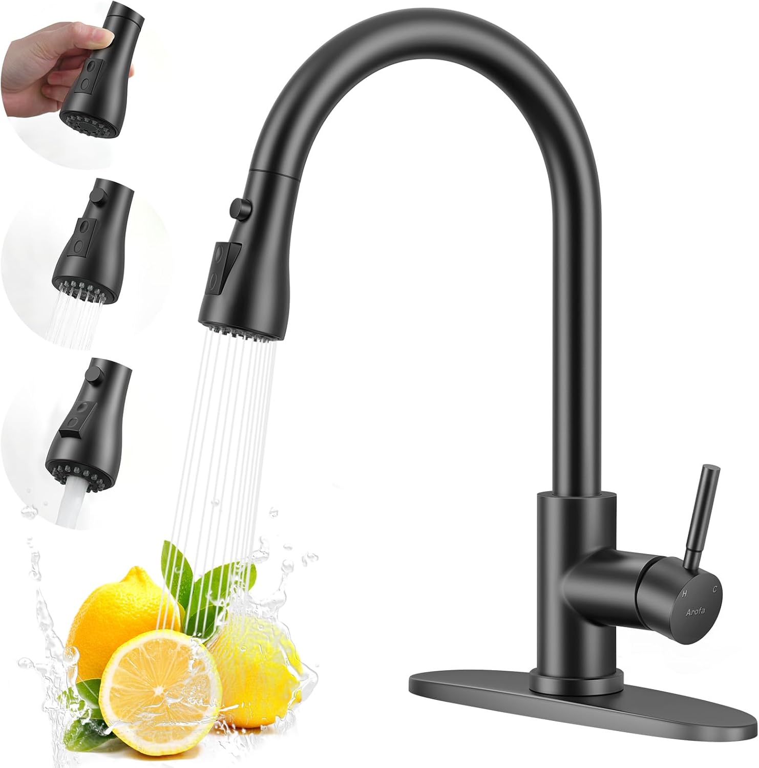 Arofa Matte Black Kitchen Faucet, Kitchen Sink Faucet with Pull Down Sprayer Single Handle Stainless Steel Commercial Modern for 1 or 3 Hole Farmhouse Camper Laundry Utility Rv Bar Sinks