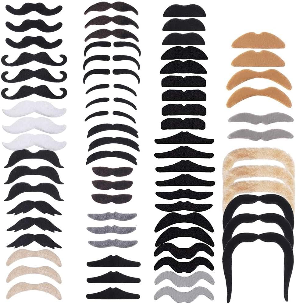 Zngou 72 PCS Fake Moustaches Assorted Novelty Self Adhesive Moustaches Fancy Dress Black and Brown Stick on False Beard and Moustache for Adult Kids Mexican Masquerade 70s 80s Party Favor Costume