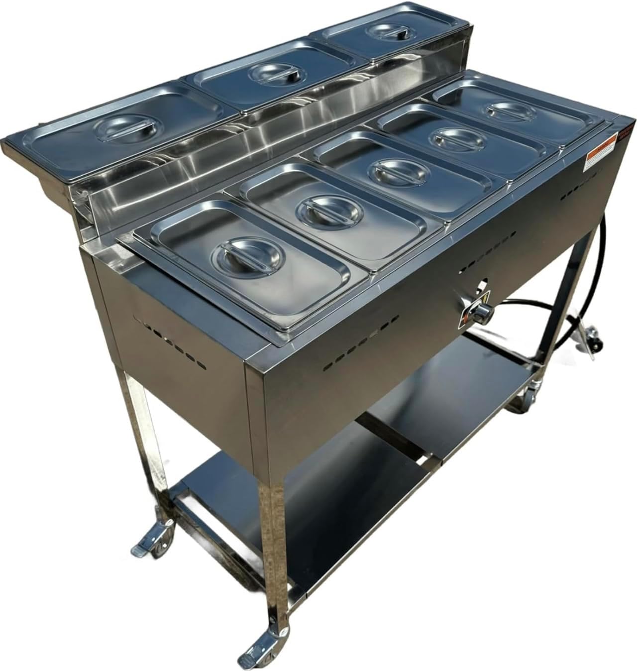 5 Pan Steam Table Food Warmer Cart | Heavy Duty Commercial | Outdoor Propane | 3 Condiment Containers | 8 Total Standard 1/3 Pans (12” x 6” x 4”) | Portable 4 Wheels | Stainless Steel | CSA Approved | Catering, Home, and Backyard Use