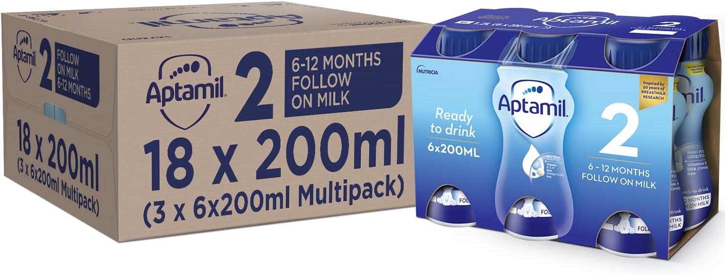 Aptamil 2 Follow On Baby Milk Ready to Use Liquid Formula, 6-12 Months, 200 ml, (Pack of 18)
