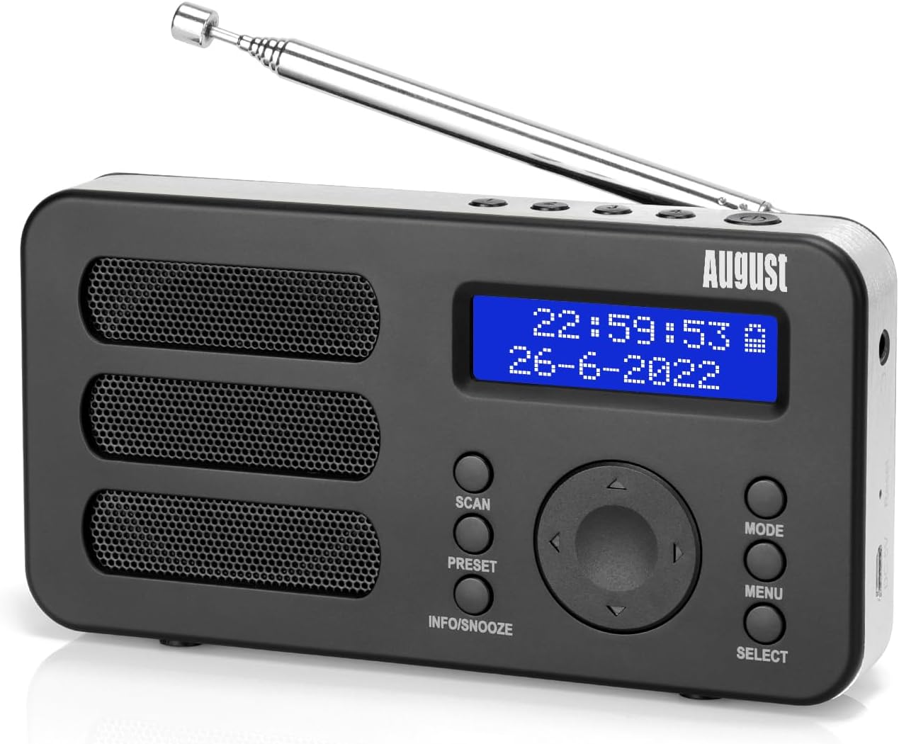 Portable Digital DAB Radio - August MB225 - DAB+/FM - RDS Function, 40 Presets, Stereo/Mono Portable Radio, Dual Alarm, Rechargeable Battery, Headphone Jack