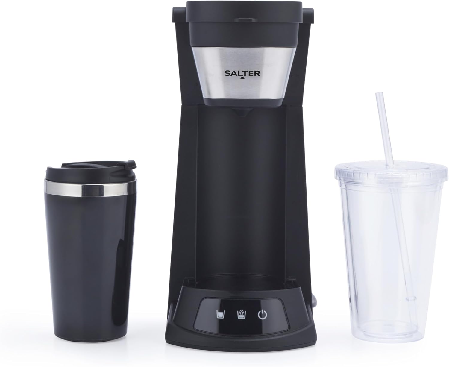 Salter EK6214 2 in 1 Iced Coffee Maker – Cold Brew Espresso Machine, Hot or Cold Function, Includes 420 ml Travel Mug and 440 ml Plastic Cup with Straw, Ground Coffee/Pads, Reusable Mesh Filter, 700W