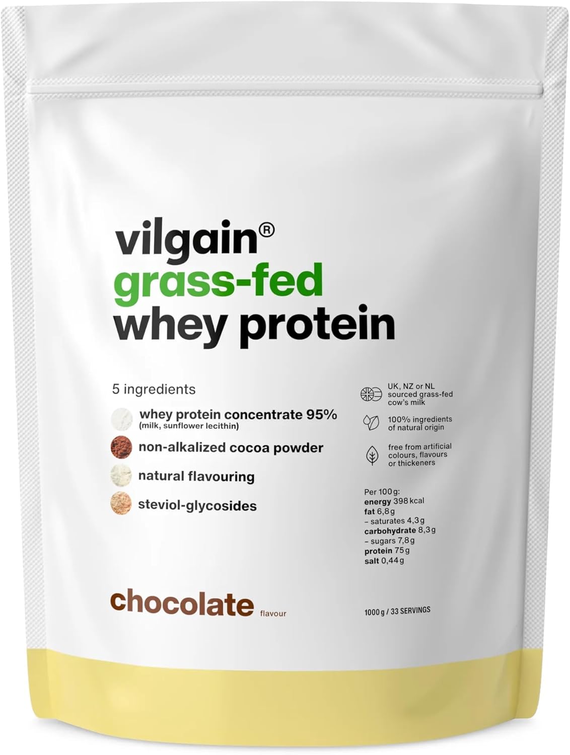 Vilgain® Whey Protein Powder, Grass Fed | 100% Pure Whey Protein Powder | Fast Muscle Recovery and Building | Natural Taste | Premium Quality Powder (1000g, Chocolate)