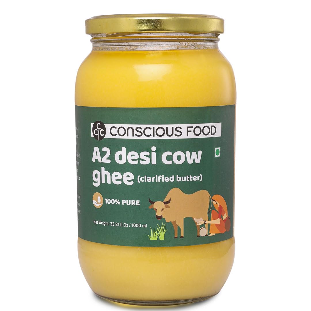 Conscious Food A2 Desi Cow Ghee - 33.814 Fl Oz (1L), Clarified Butter - 100% Pure and Premium, Cultured Ghee, Natural, Grass Fed Indian Cow, Non-GMO