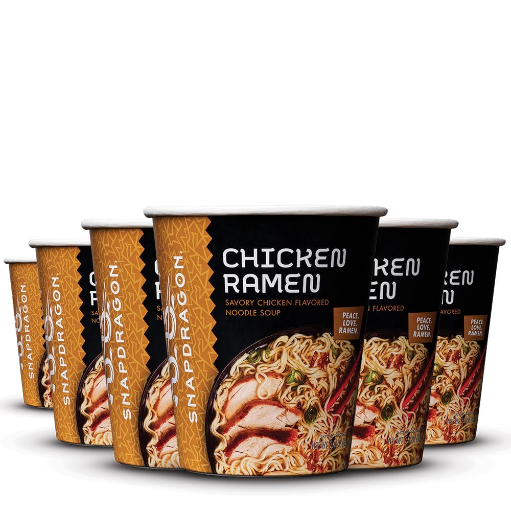 Snapdragon Chicken Ramen Cup Noodles - 6 Pack Instant Ramen Bowl with Authentic Wheat Noodles, Soup Flavor Sauce, Vege Pack, and Garlic Flavoring Oil. Microwave or Hot Water, Easy Meal Prep