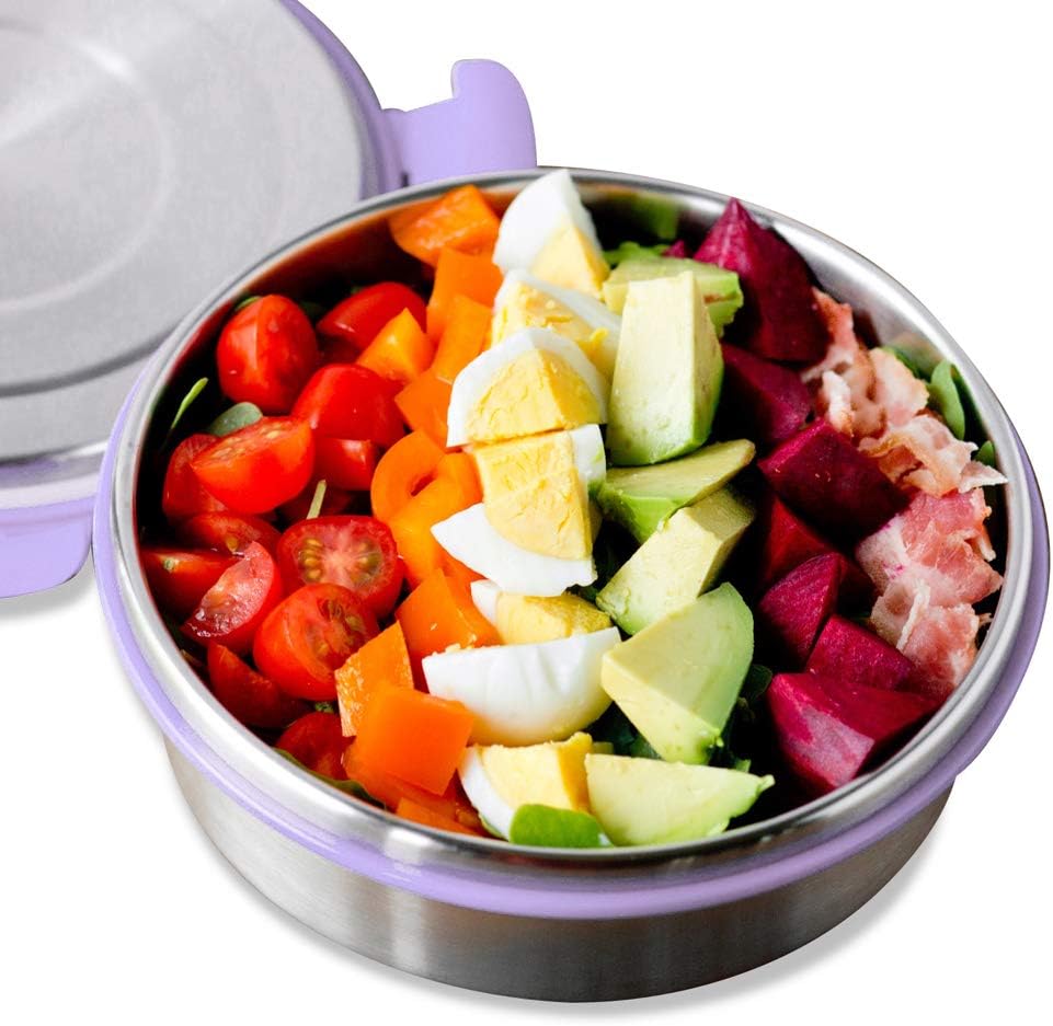 LunchBots Stainless Steel Salad Bowl with Click On Lid Lunch Containers Reusable Lunch Container with a 3 Cup Capacity - 24oz, Lavender Lid