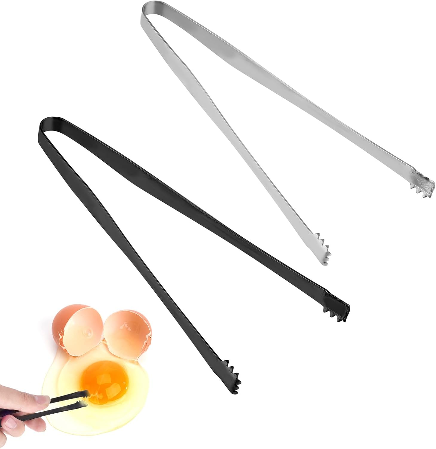 BOXOB 2pcs Egg Chalaza Remover Tongs, 5.98 Inch Toothed Design Eggshell Fragment Remover Tong Stainless Steel Multipurpose Kitchen Tool for Cooking Food Cake Bakers Pastry Chefs (Black, Silver)