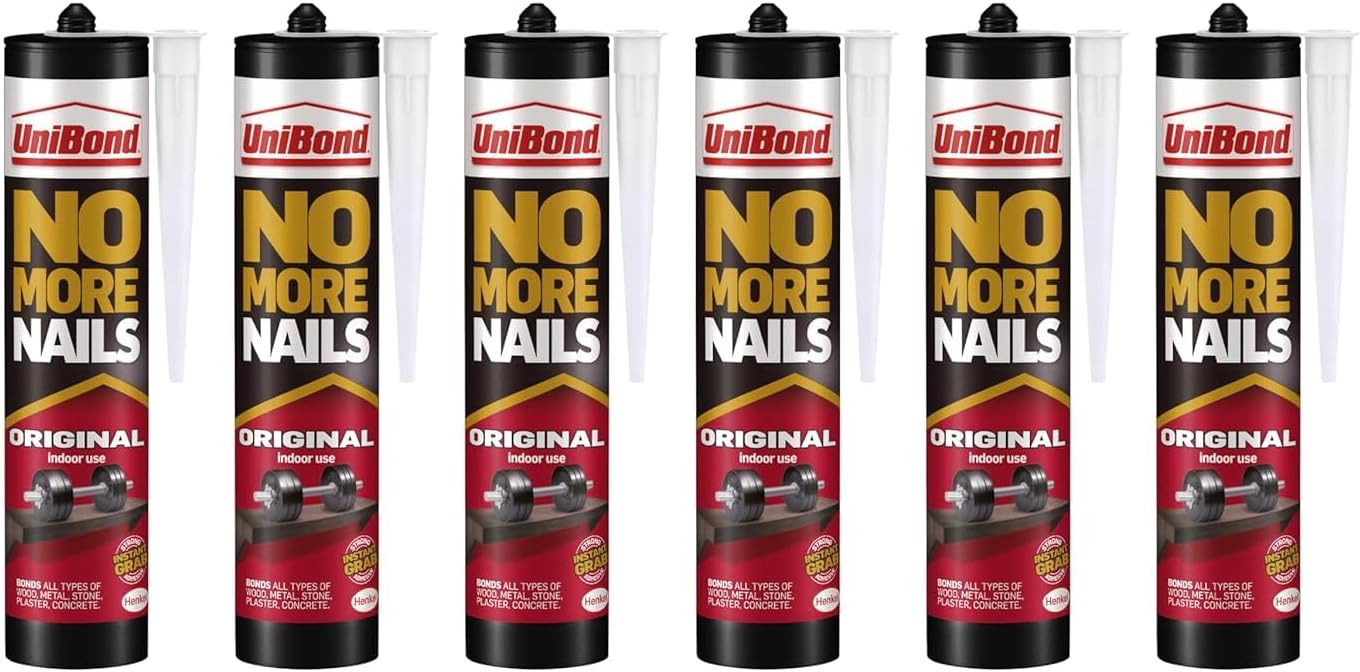 UniBond No More Nails Original, Heavy-Duty Mounting Adhesive, No Nails Strong Glue for Wood, Ceramic, Metal etc, White Instant Grab Adhesive, Pack of 6 (6 x 365g Cartridges)