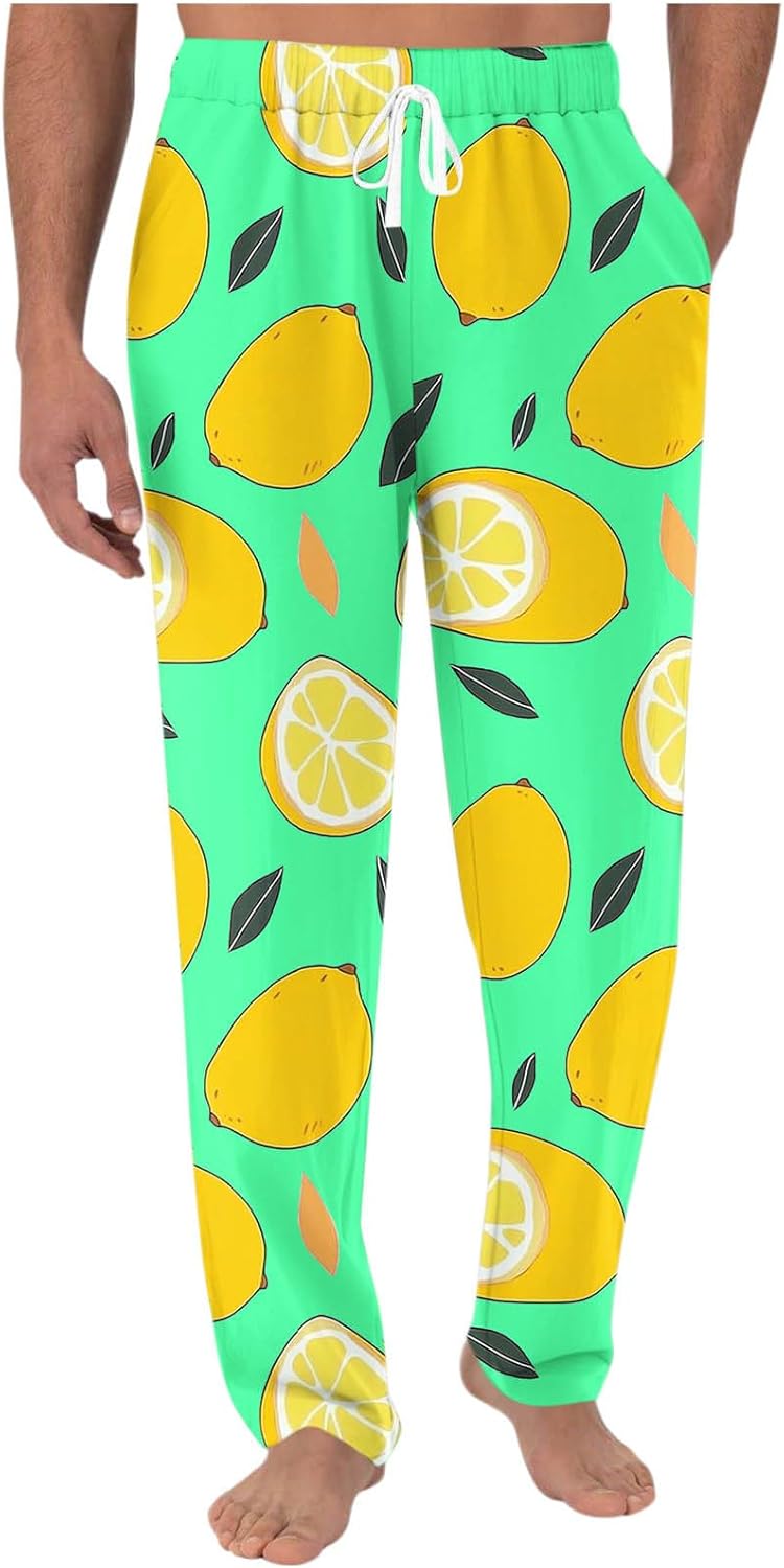 Mens Pyjamas Bottoms Plus Size Elasticated Waist Pj Trousers for Sleep Printing Smart Casual Sleeping Pants Soft Loose Fit Loungewear Summer Nightwear with Pockets S-3XL