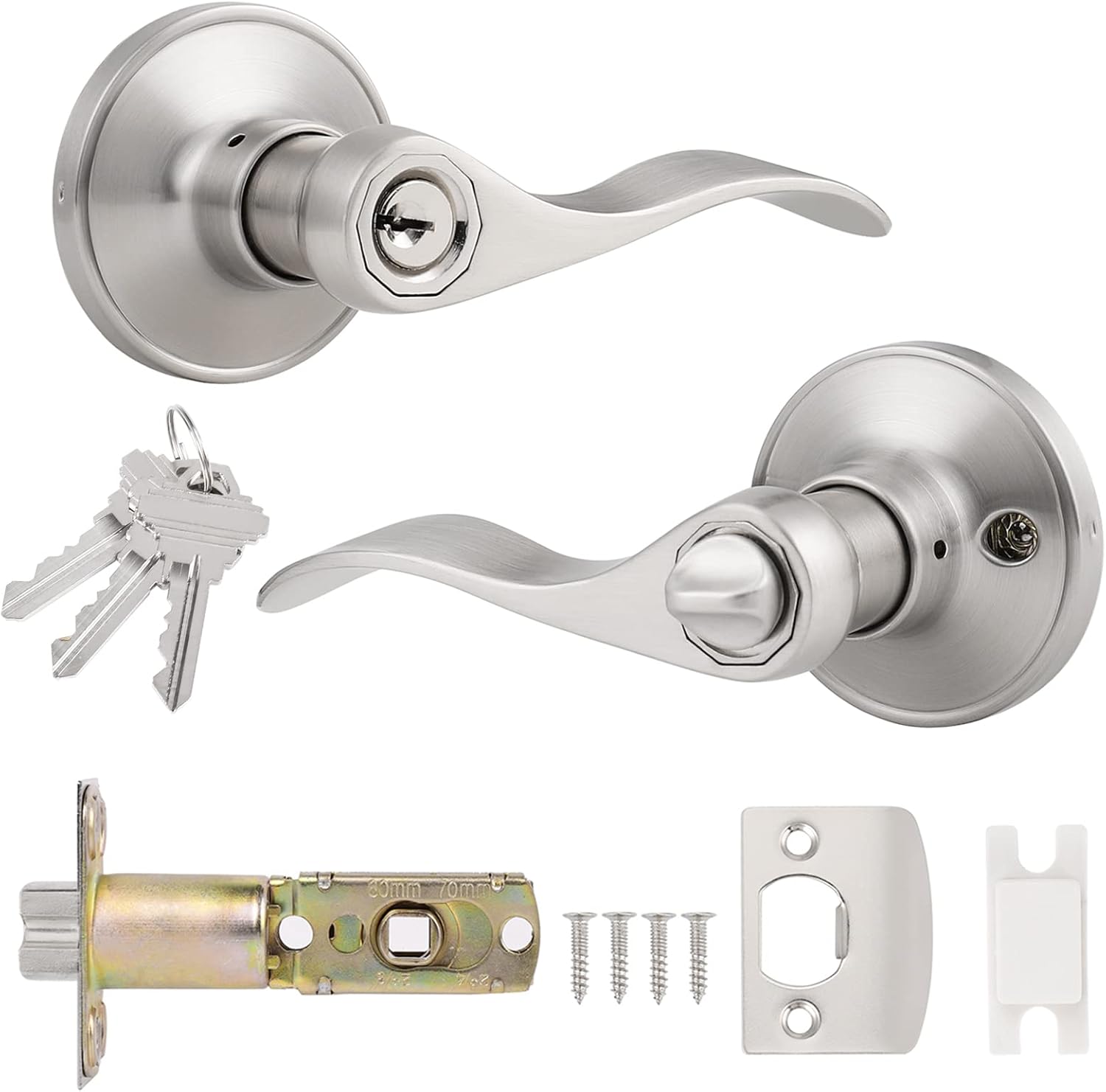 Probrico 1 Pack Satin Nickel Door Handle Lock, Entrance Door Lever with Key, Key Exterior Door Lock Entry Handles with Lock, Safe Lockset Exterior Wave Style Door's Handle